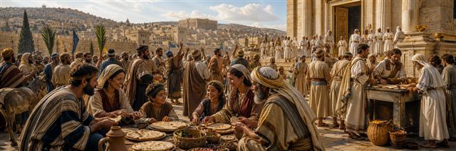 Pilgrims from Judah and Israel sharing Passover joy in Jerusalem's temple courts